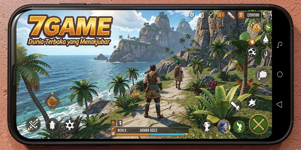 Screenshot gameplay 7GAME yang menampilkan eksplorasi dunia terbuka.