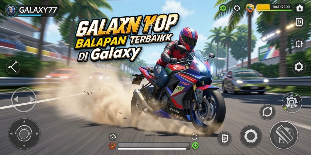 Screenshot permainan GALAXY77 menunjukkan balapan motor yang mendebarkan.