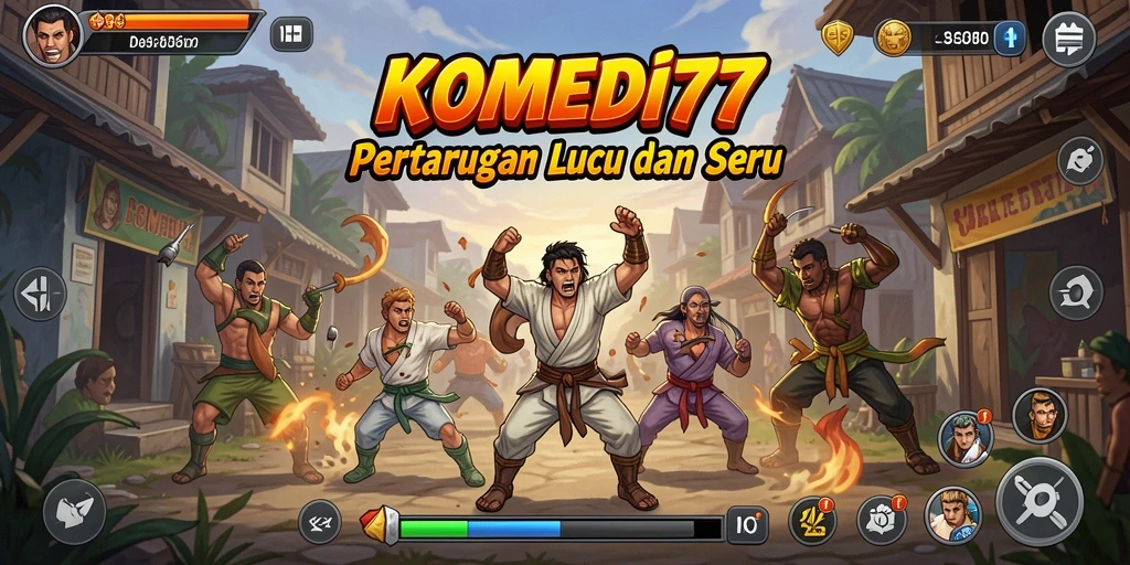 Tampilan gameplay KOMEDI77 dengan karakter berwarna-warni dan aksi pertarungan lucu.