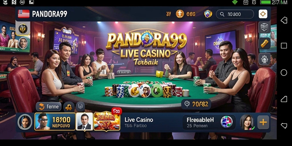 Screenshot gameplay PANDORA99 menampilkan dealer langsung dan suasana kasino yang real-time.