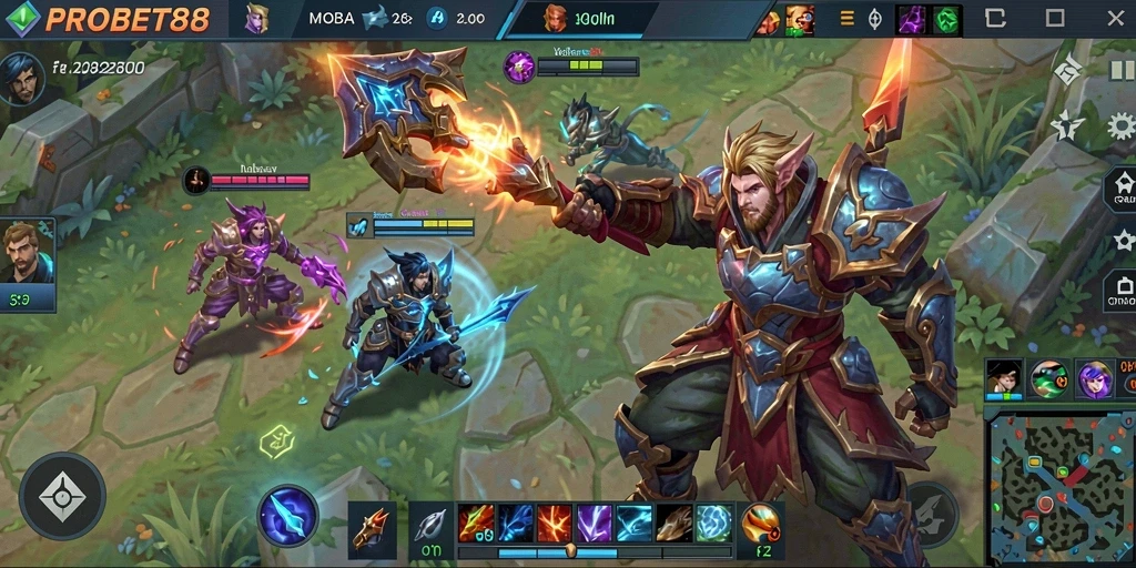 Screenshot PROBET88 menunjukkan aksi seru dalam pertarungan MOBA.