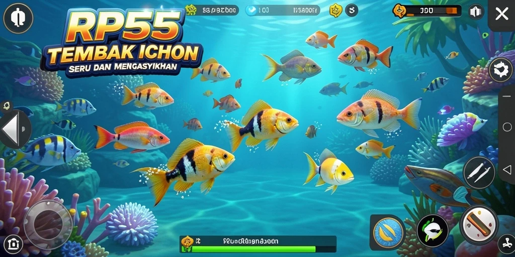 Gameplay seru Tembak Ikan dengan banyak pilihan ikan untuk ditangkap.