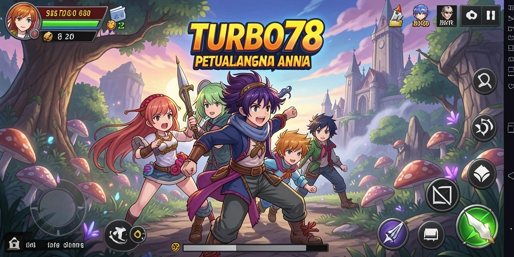 Screenshot utama TURBO78 menampilkan aksi gameplay yang memukau dalam gaya anime.