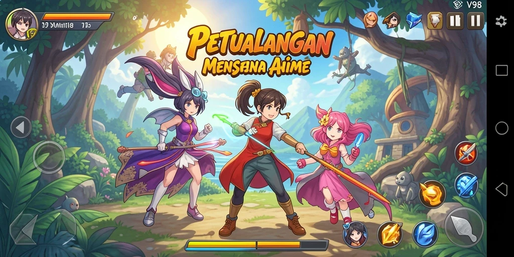 Tampilan menarik dari gameplay V98 dengan karakter Anime ikonik.