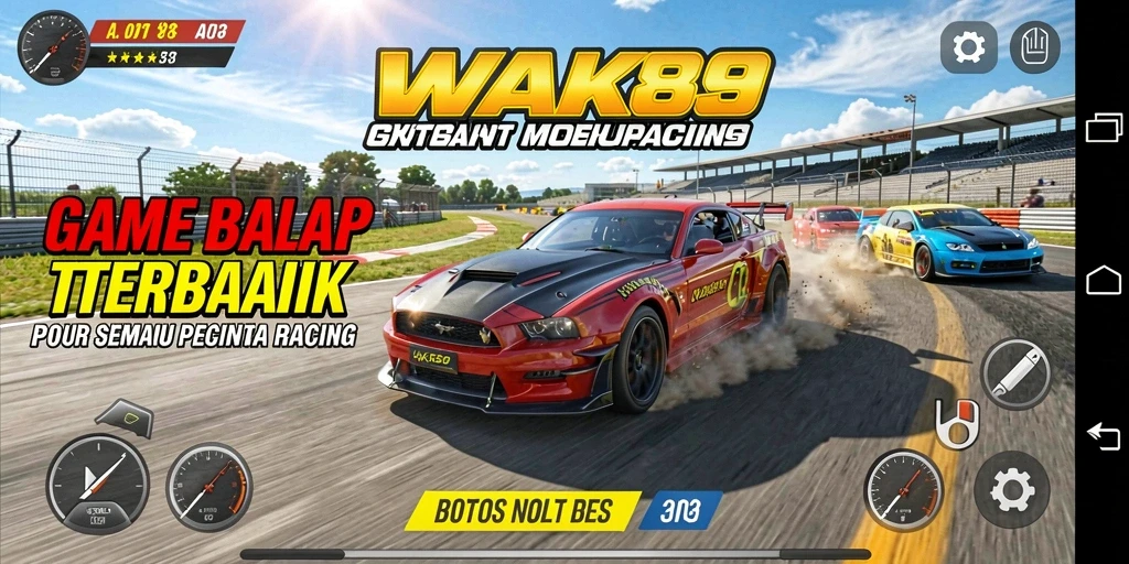 Tampilan gameplay seru WAK89 dengan mobil berkecepatan tinggi.